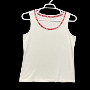 Coldwater Creek Women White Red Floral Lace Trim Scoop Neck Tank Top L NWT